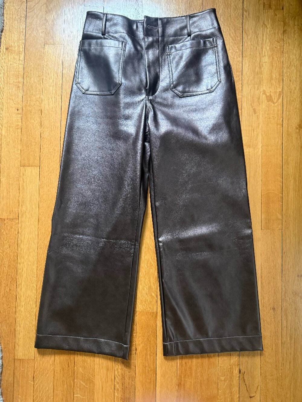 Anthropologie Maeve Colette Cropped Wide Leg Pants Faux Vegan Leather Bronze 29